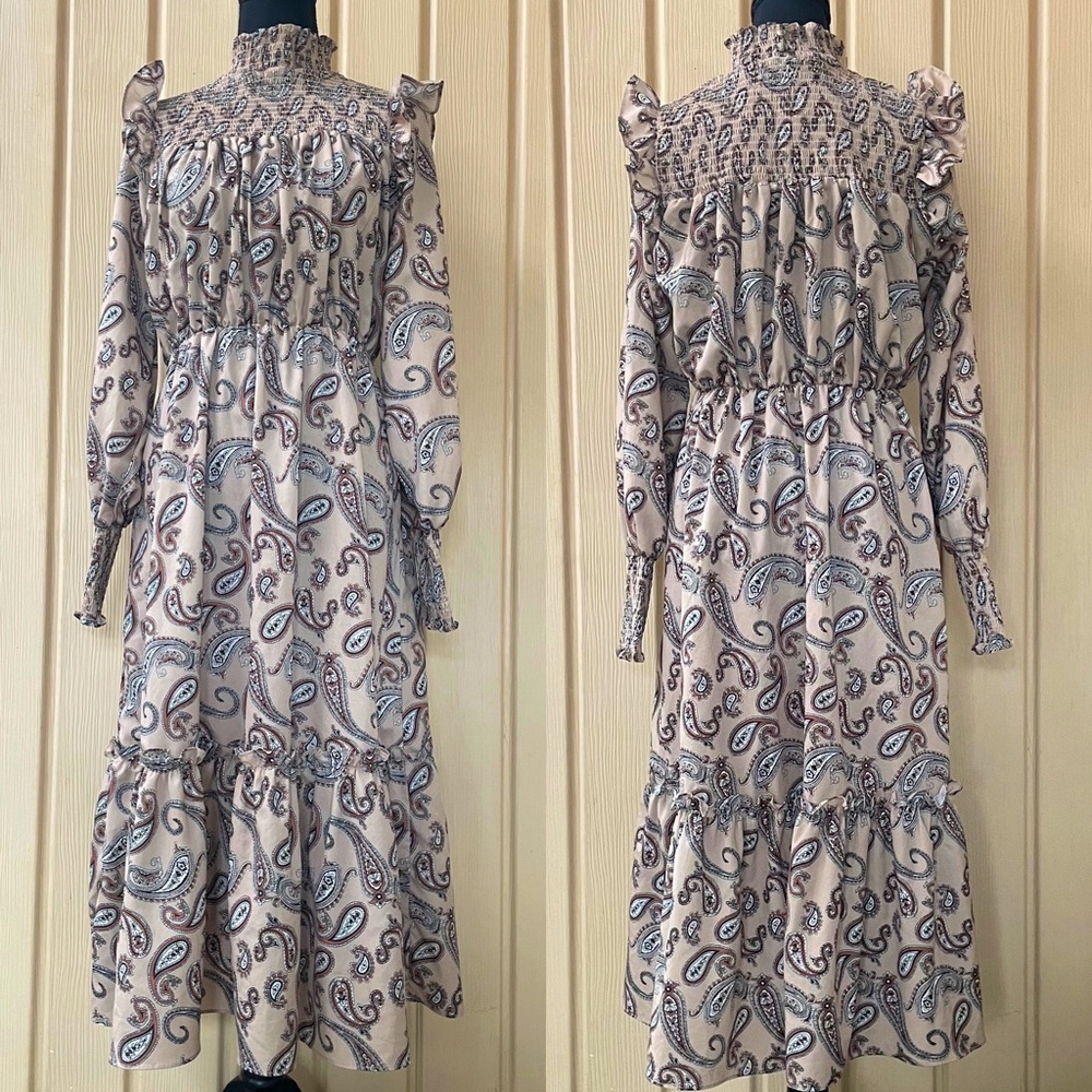 Paisley Print Puff Long Sleeve Maxi Tan Beige Dress